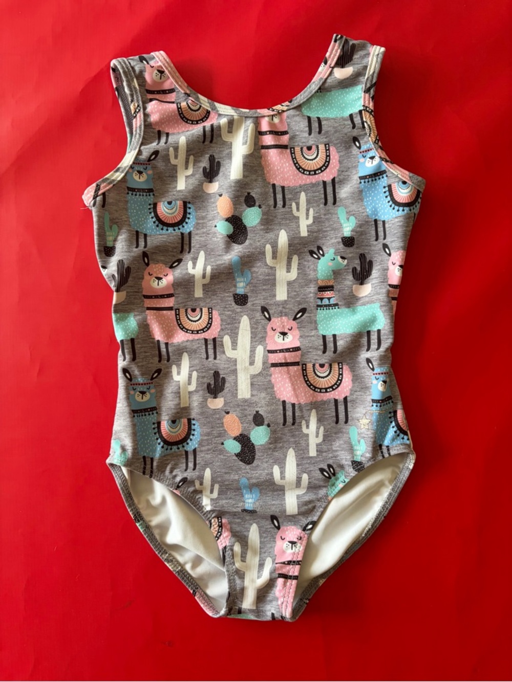Destira Girls Gray Llama Print Gymnastics Leotard with Pink & Mint Accents